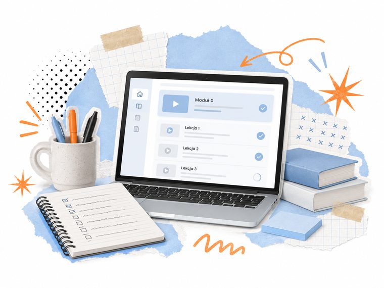 Kurs online na laptopie: lista modułów i lekcji na platformie kursowej
