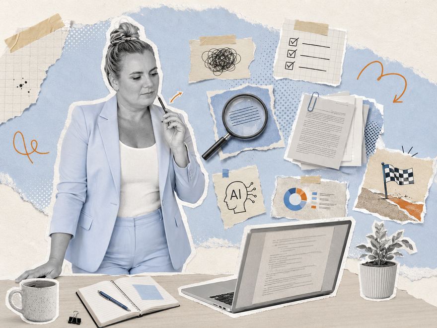 Studentka zastanawia się przy laptopie – kolaż z elementami pisania pracy