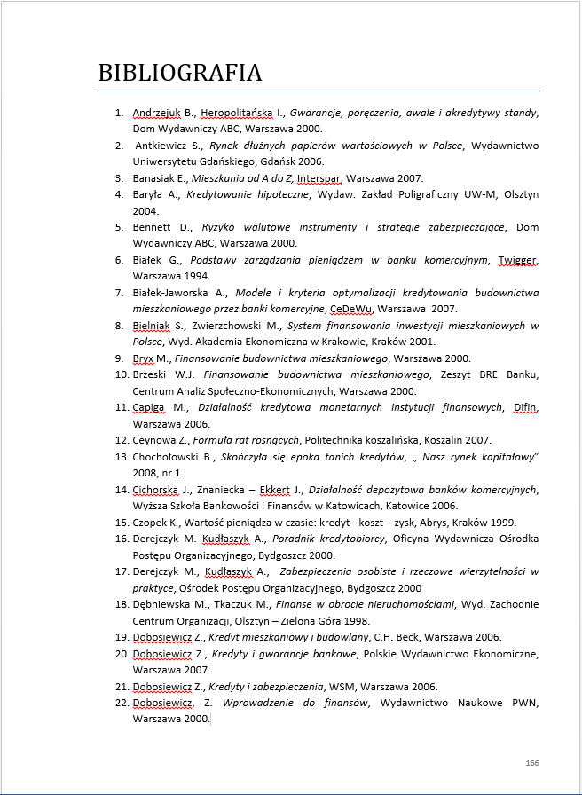 Przykładowa strona bibliografi z pracy o kredytcie hipotecznym