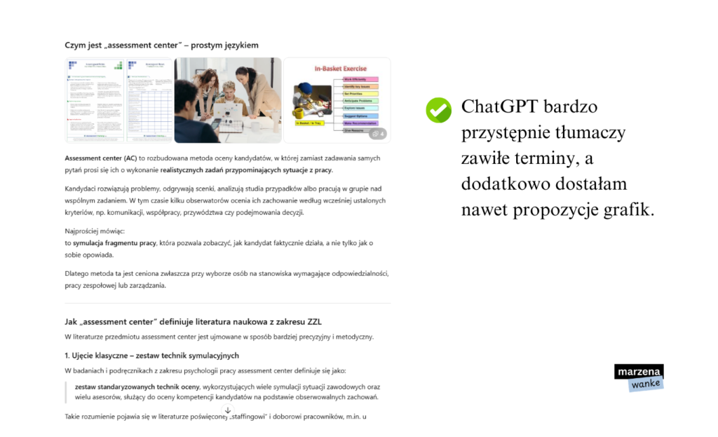 Odpowiedź ChatGPT z wyjaśnieniem pojęcia assessment center — najpierw prostym językiem z propozycjami grafik, potem w ujęciu literatury naukowej z zakresu ZZL