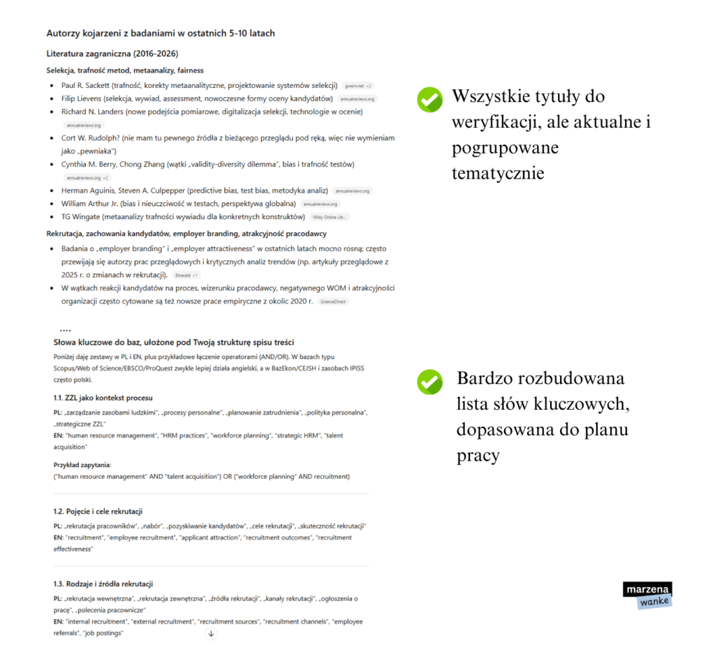 Odpowiedź ChatGPT z listą aktualnych autorów badań nad rekrutacją i selekcją oraz słowami kluczowymi do przeszukiwania baz naukowych — pogrupowane tematycznie i dopasowane do struktury rozdziału