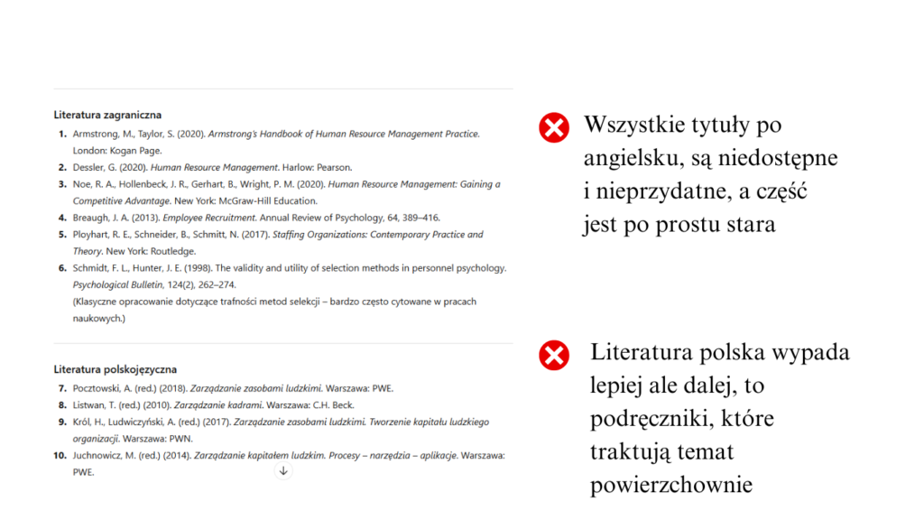 Odpowiedź ChatGPT z propozycją bibliografii do rozdziału teoretycznego o rekrutacji i selekcji — z komentarzem eksperta wskazującym błędy: literatura zagraniczna niedostępna i przestarzała, polska literatura zbyt powierzchowna