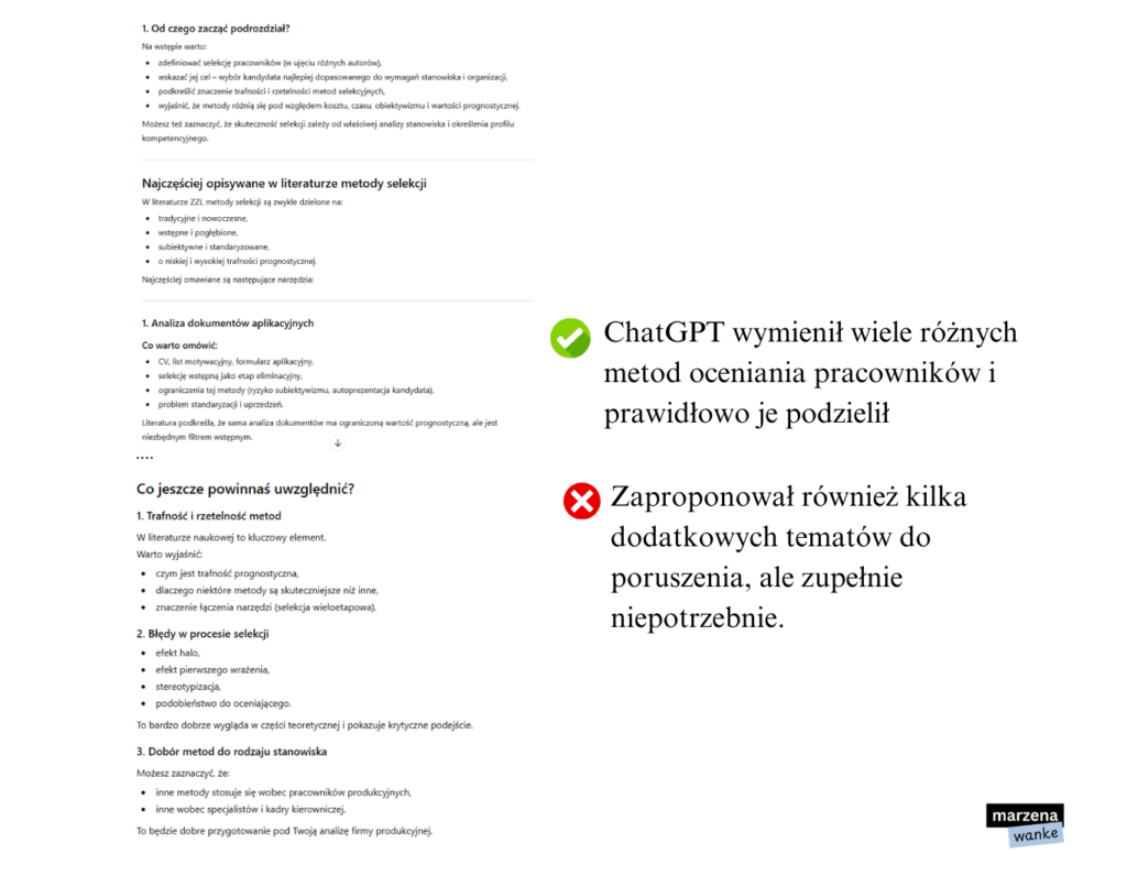Odpowiedź ChatGPT z propozycją zawartości podrozdziału o metodach selekcji pracowników — z komentarzem eksperta wskazującym co jest wartościowe, a co zbędne