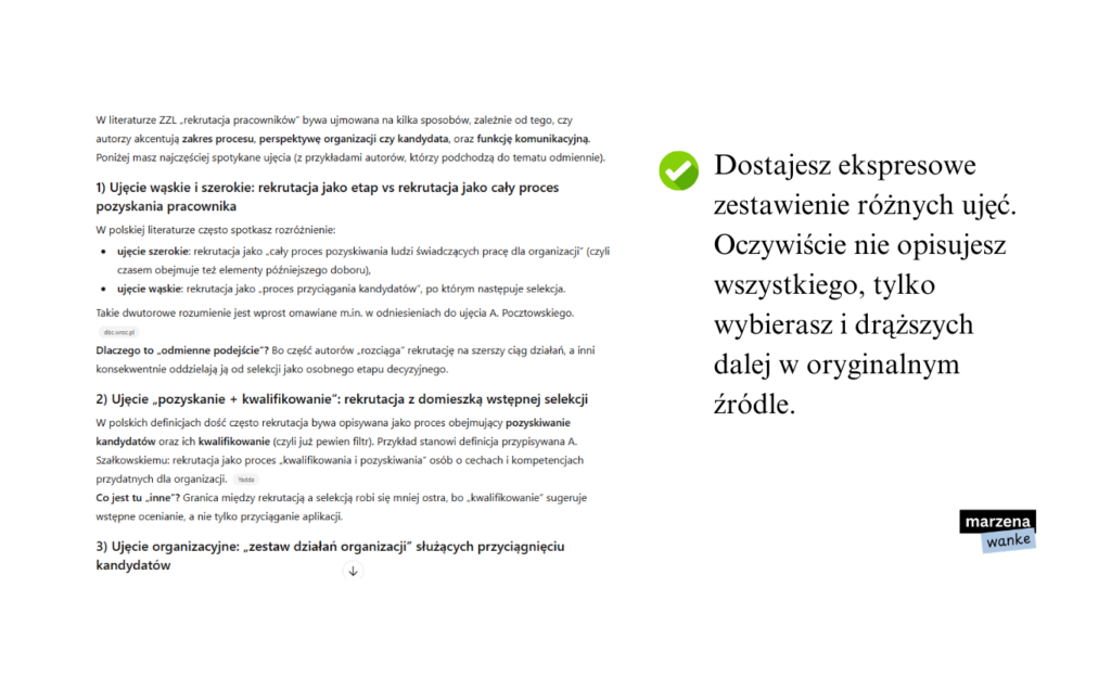 Odpowiedź ChatGPT z zestawieniem różnych ujęć definicji rekrutacji w literaturze ZZL — ujęcie wąskie, szerokie i organizacyjne z odniesieniami do autorów