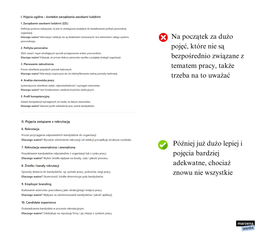 Odpowiedź ChatGPT z listą pojęć i definicji do rozdziału teoretycznego o rekrutacji i selekcji — z komentarzem eksperta: pierwsze pojęcia zbyt ogólne, dalsze już bardziej adekwatne do tematu pracy