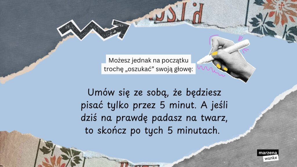 Grafika z poradą: umów się ze sobą że będziesz pisać pracę licencjacką tylko przez 5 minut - sprawdzony sposób na zacząć pisanie