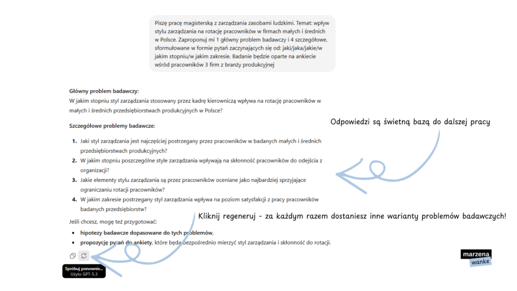 Odpowiedź ChatGPT z przykładem problemu badawczego i problemów szczegółowych dla pracy magisterskiej z ZZL – z zaznaczonymi wskazówkami dotyczącymi opcji regenerowania odpowiedzi