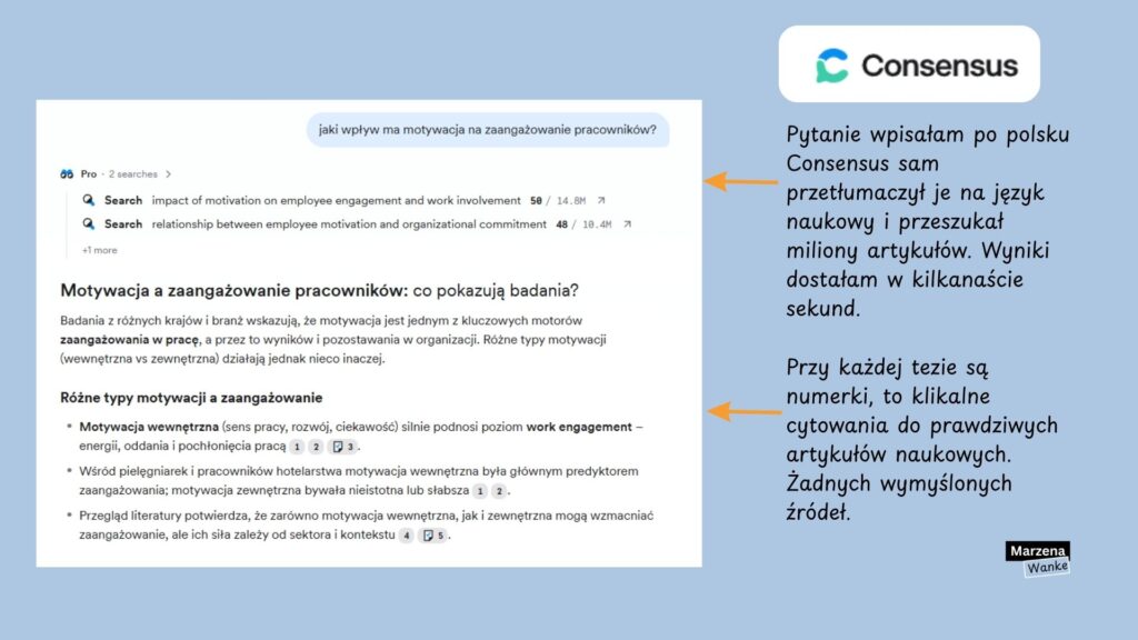 Wyniki wyszukiwania w Consensus AI po wpisaniu pytania po polsku "jaki wpływ ma motywacja na zaangażowanie pracowników?" — narzędzie przetłumaczyło je na angielskie zapytania naukowe i przeszukało ponad 14 milionów artykułów