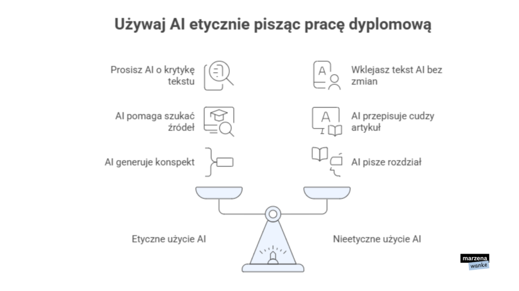 Etyczne vs nieetyczne użycie AI przy pisaniu pracy dyplomowej — waga pokazująca granicę między pomocą AI a plagiatem