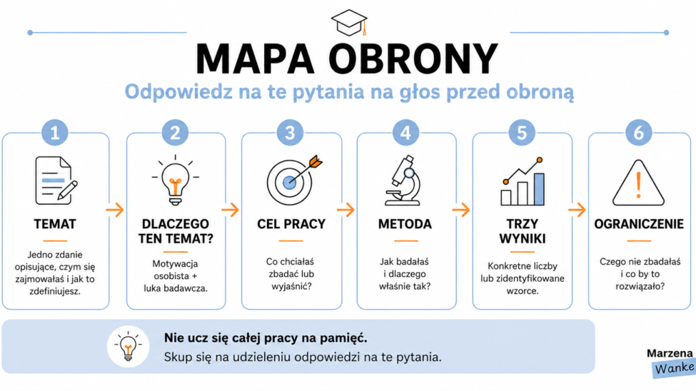Przygotuj się na obronę korzystając z 6 obszarów mapy: temat, dlaczego, cel pracy, metoda, trzy wyniki, organiczenia