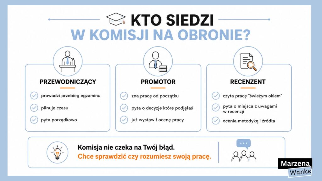 Infografika - kto siedzi w komisji na obronie pracy licencjackiej: przewodniczący prowadzi egzamin, promotor pyta o decyzje podjęte w pracy, recenzent ocenia metodykę i źródła
