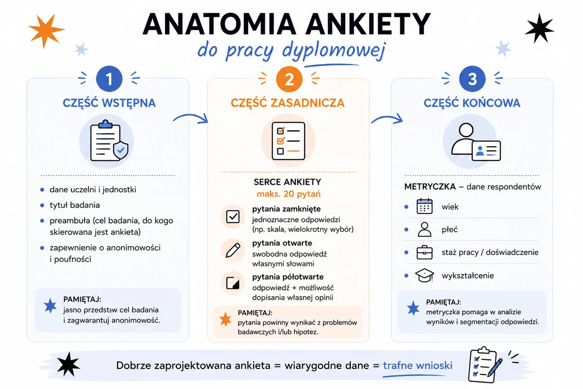 Trzy części kwestionariusza ankiety: wstępna, zasadnicza i metryczka na końcu