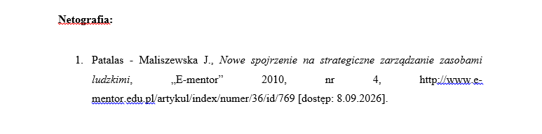 Netografia, przykład zapisu strony internetowej w bibliografii pracy