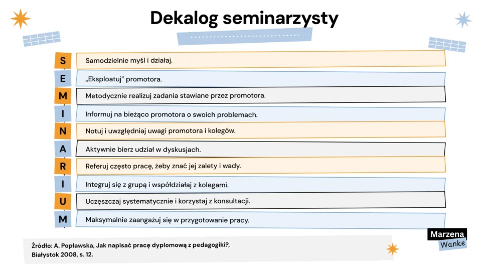 seminarium dyplomowe, dekalog dobrego seminarzysty