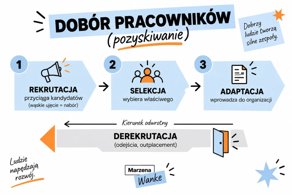 Schemat doboru pracowników: rekrutacja przyciąga kandydatów (w wąskim ujęciu nabór), selekcja wybiera właściwego, adaptacja wprowadza do organizacji. Kierunek odwrotny to derekrutacja, czyli odejścia i outplacement.