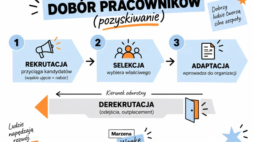 Schemat doboru pracowników: rekrutacja przyciąga kandydatów (w wąskim ujęciu nabór), selekcja wybiera właściwego, adaptacja wprowadza do organizacji. Kierunek odwrotny to derekrutacja, czyli odejścia i outplacement.