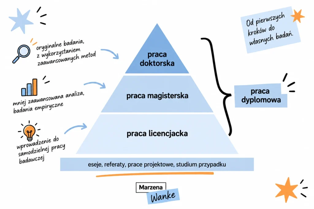 Piramida prac dyplomowych: praca licencjacka jako wprowadzenie do samodzielnej pracy badawczej, praca magisterska z badaniami empirycznymi, praca doktorska z oryginalnymi badaniami. U podstawy eseje, referaty, prace projektowe i studium przypadku.