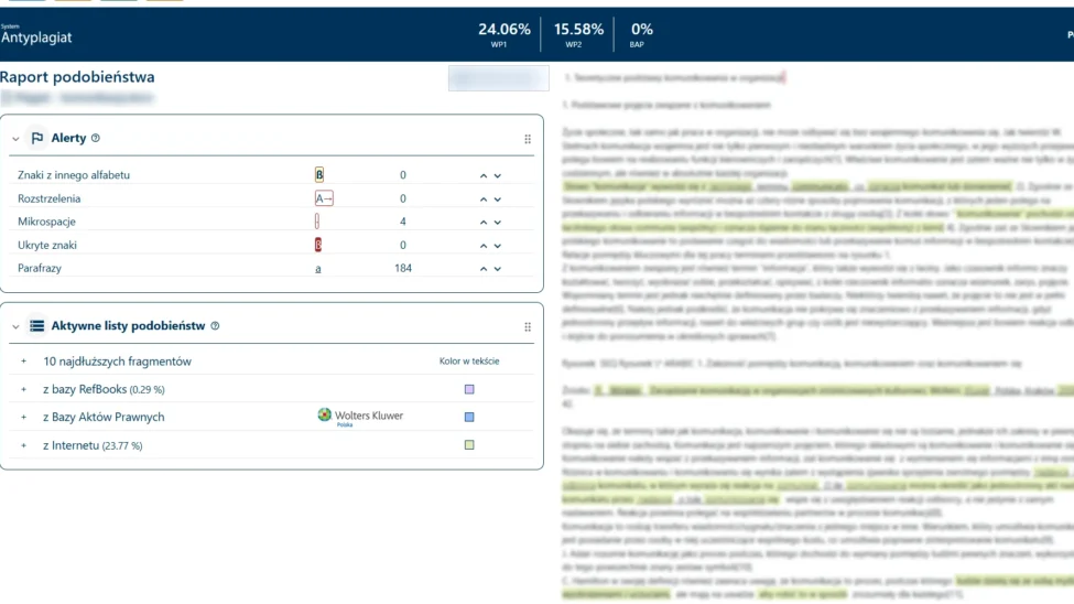 jak poprawić plagiat w pracy magisterskiej, raport podobieństwa ze współczynnikami i alertami
