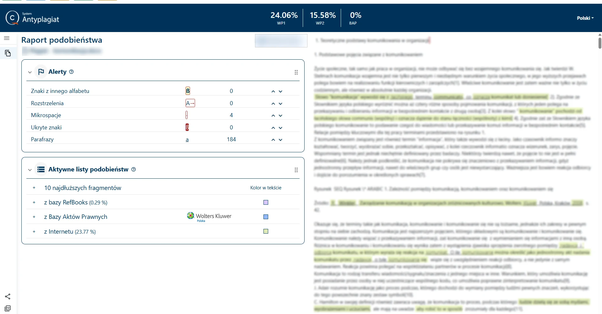 jak poprawić plagiat w pracy magisterskiej, raport podobieństwa ze współczynnikami i alertami