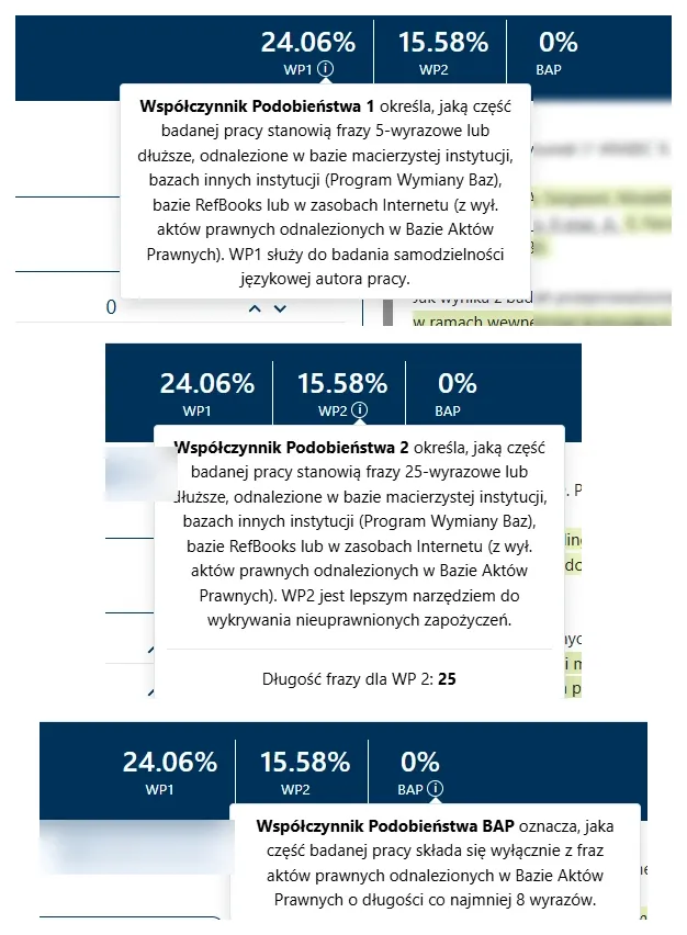 współczynniki podobieństwa WP1, WP2 i BAP, opisy z systemu antyplagiatowego