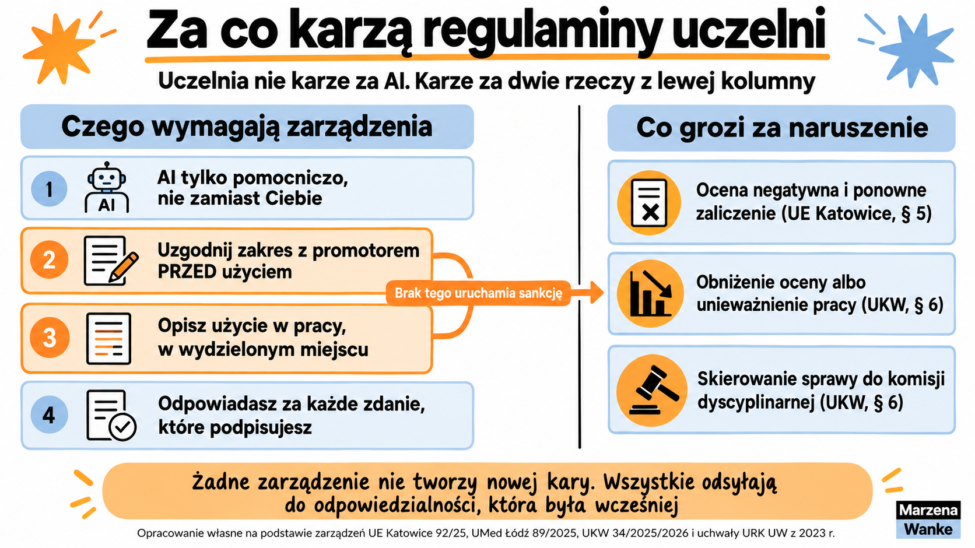 co grozi za AI w pracy dyplomowej, cztery wymogi regulaminów uczelni i trzy sankcje